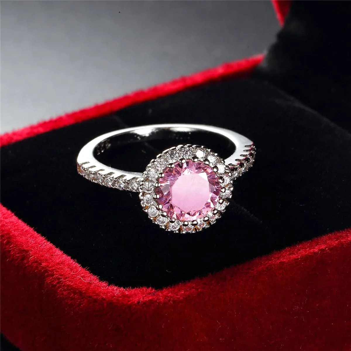Pink Cubic Zirconia & Crystal Halo Prong Round Ring