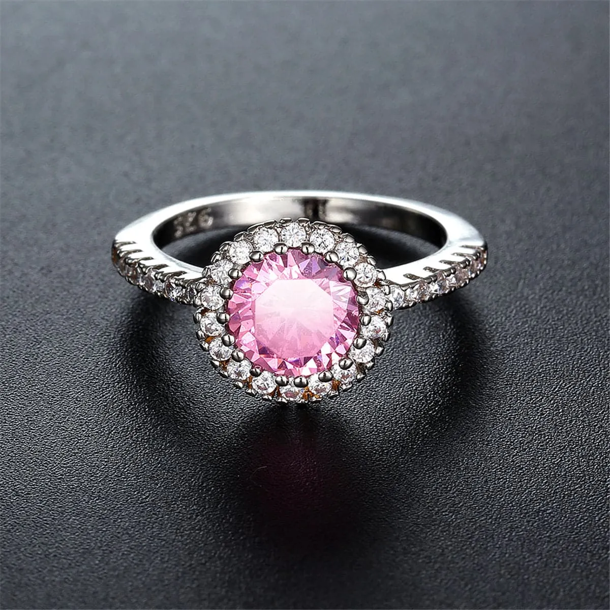 Pink Cubic Zirconia & Crystal Halo Prong Round Ring