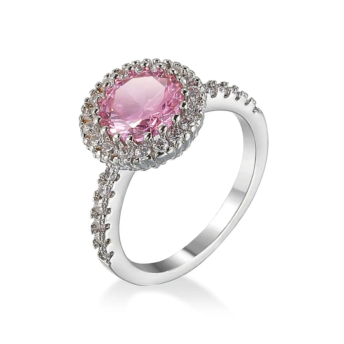 Pink Cubic Zirconia & Crystal Halo Prong Round Ring