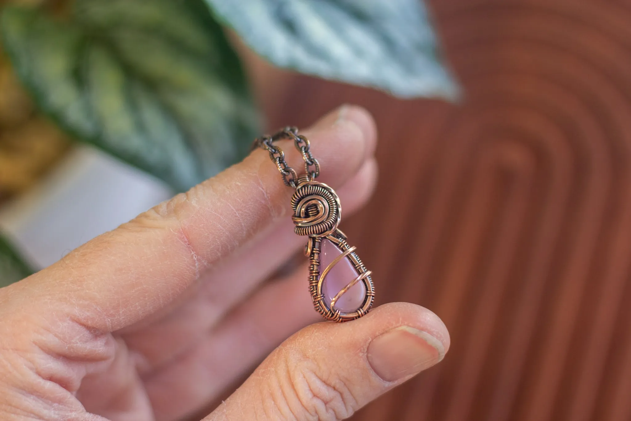 Pink Fused Glass Teardrop Pendant with Copper Wire Wrapping