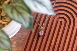 Pink Fused Glass Teardrop Pendant with Copper Wire Wrapping