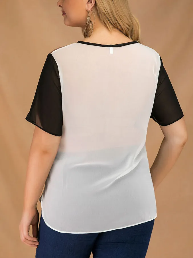 Plus Size Splicing Crew Neck Short Sleeve Sequined Chiffon Top