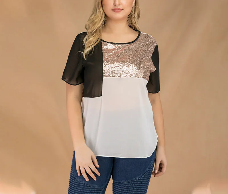 Plus Size Splicing Crew Neck Short Sleeve Sequined Chiffon Top