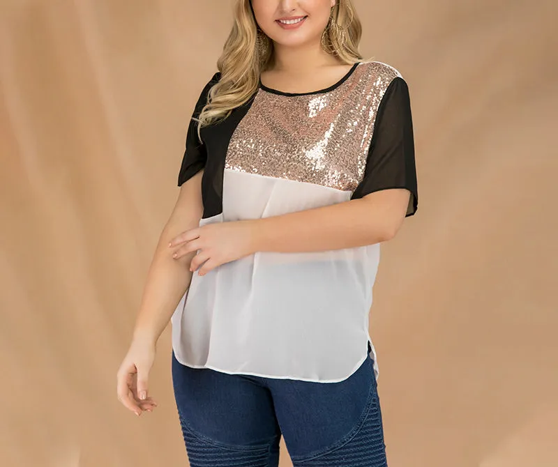 Plus Size Splicing Crew Neck Short Sleeve Sequined Chiffon Top
