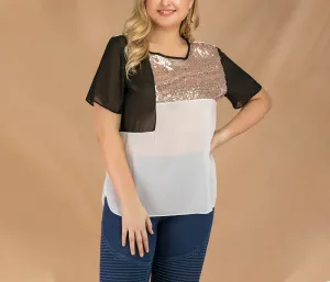 Plus Size Splicing Crew Neck Short Sleeve Sequined Chiffon Top