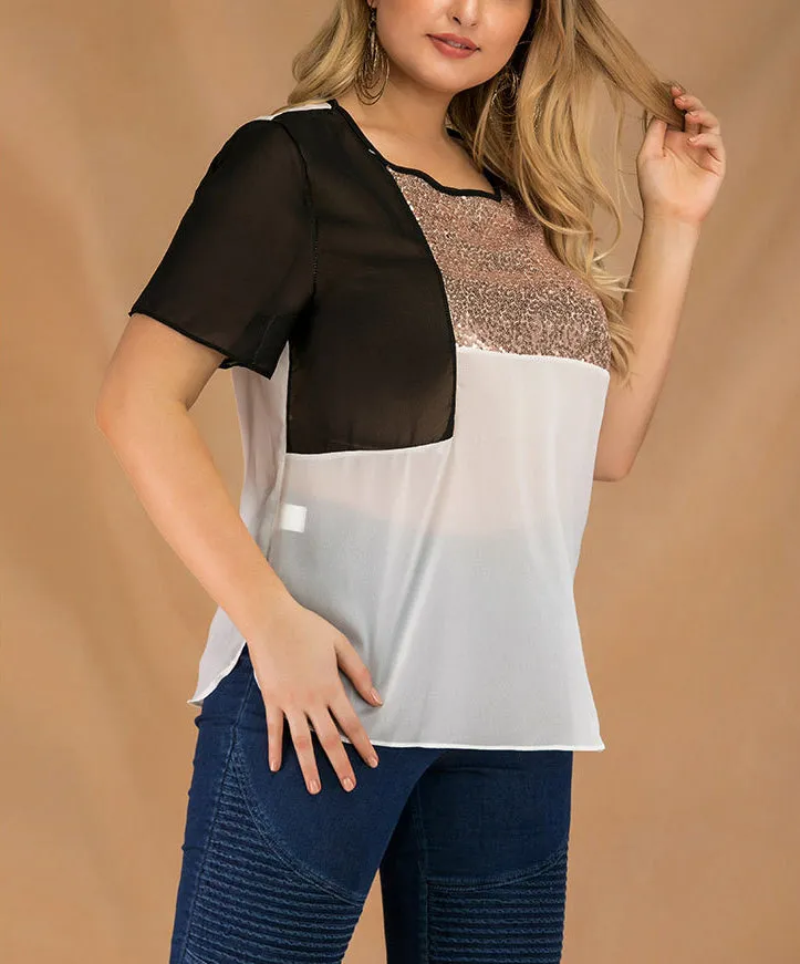 Plus Size Splicing Crew Neck Short Sleeve Sequined Chiffon Top
