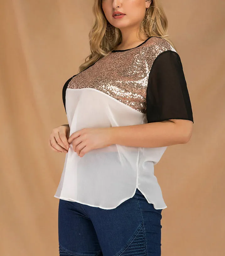Plus Size Splicing Crew Neck Short Sleeve Sequined Chiffon Top