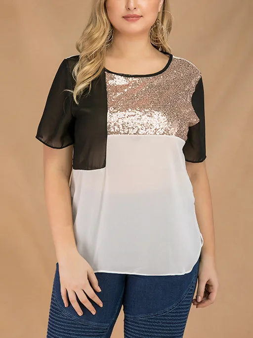 Plus Size Splicing Crew Neck Short Sleeve Sequined Chiffon Top