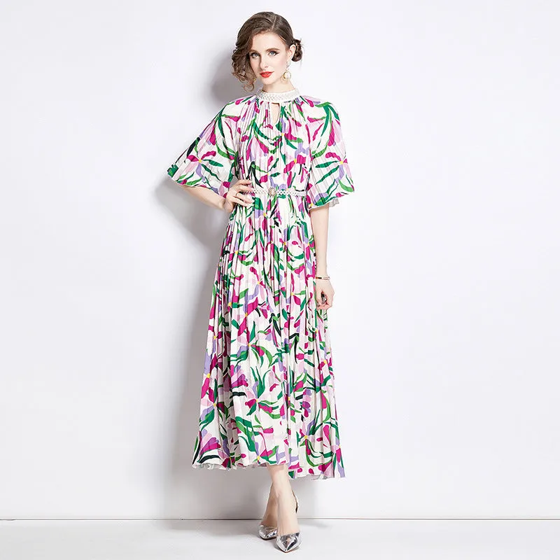 Popularan large size New women's clothing printing heavy industry beaded pleated long dress pleated skirt temperament dress women
