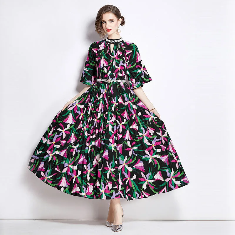 Popularan large size New women's clothing printing heavy industry beaded pleated long dress pleated skirt temperament dress women