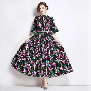 Popularan large size New women's clothing printing heavy industry beaded pleated long dress pleated skirt temperament dress women