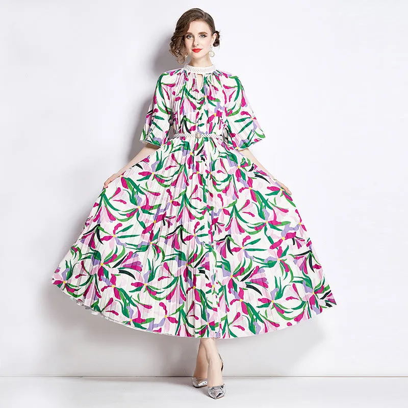 Popularan large size New women's clothing printing heavy industry beaded pleated long dress pleated skirt temperament dress women