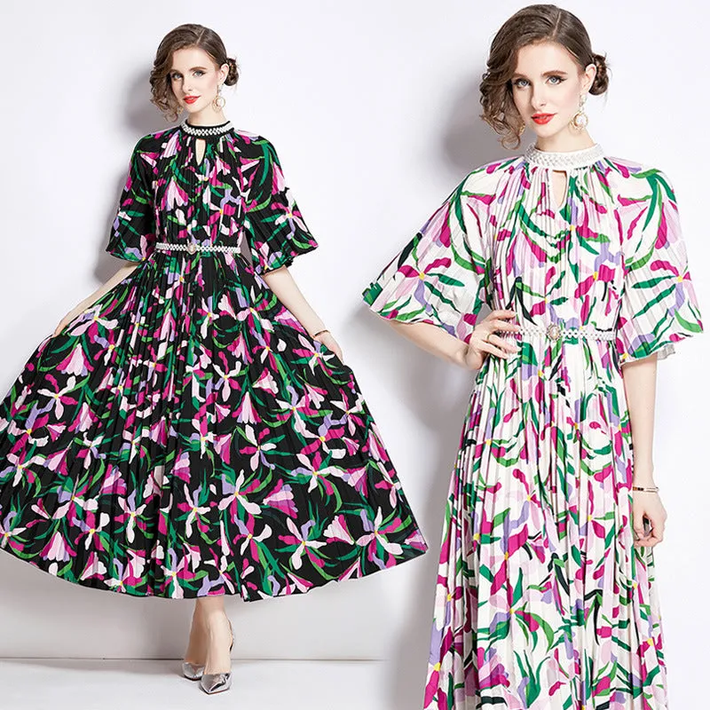 Popularan large size New women's clothing printing heavy industry beaded pleated long dress pleated skirt temperament dress women
