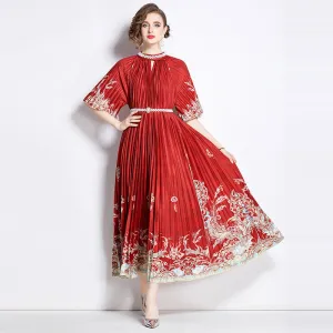 Popularan large-size women's clothing high-end printing heavy industry beaded pleated long dress pleated skirt temperament dress women