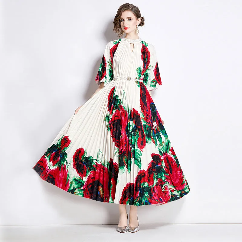 Popularan large-size women's clothing high-end printing heavy industry beaded pleated long dress pleated skirt temperament dress women
