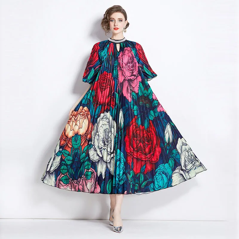 Popularan large-size women's clothing high-end printing heavy industry beaded pleated long dress pleated skirt temperament dress women