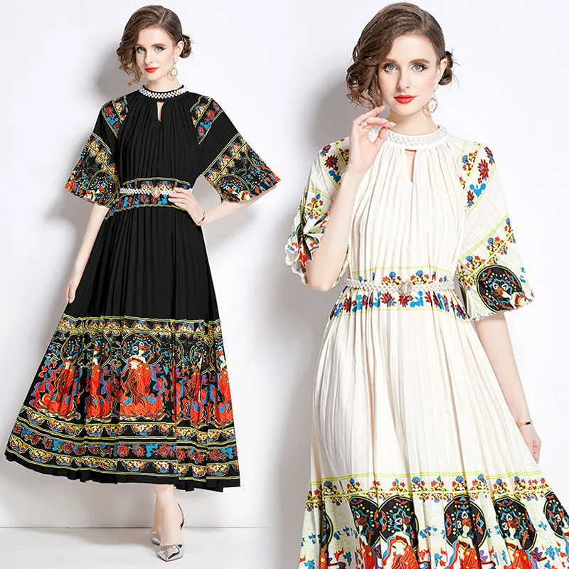 Popularan large-size women's clothing high-end printing heavy industry beaded pleated long dress pleated skirt temperament dress women
