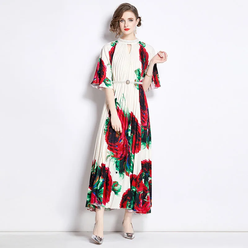 Popularan large-size women's clothing high-end printing heavy industry beaded pleated long dress pleated skirt temperament dress women