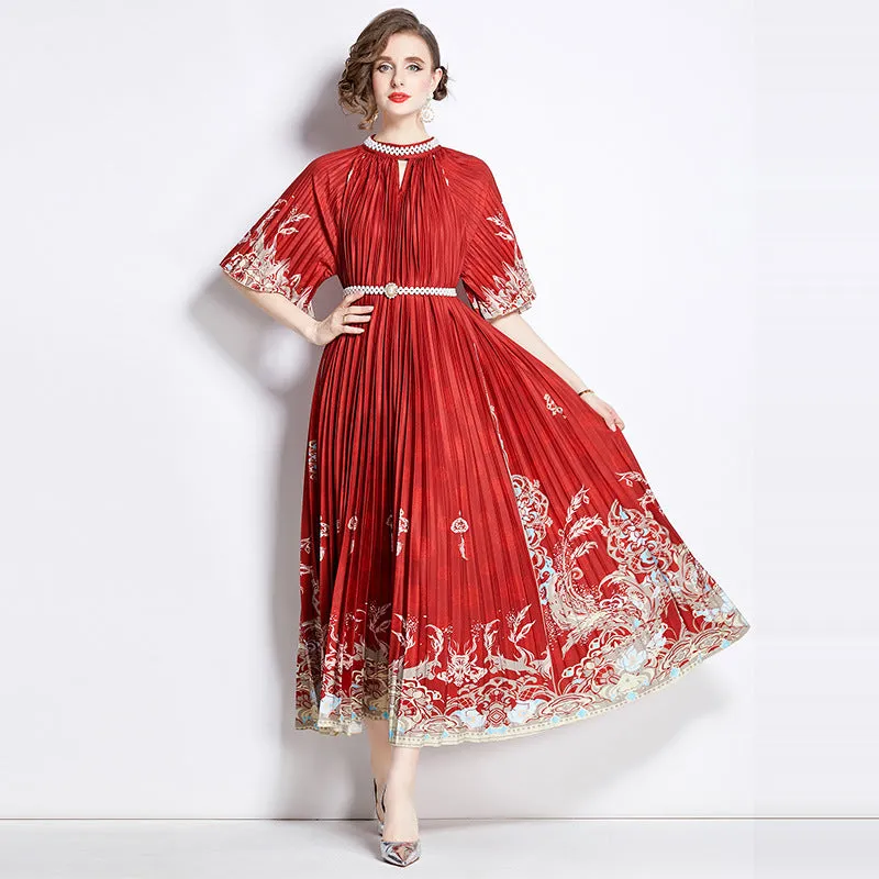 Popularan large-size women's clothing high-end printing heavy industry beaded pleated long dress pleated skirt temperament dress women