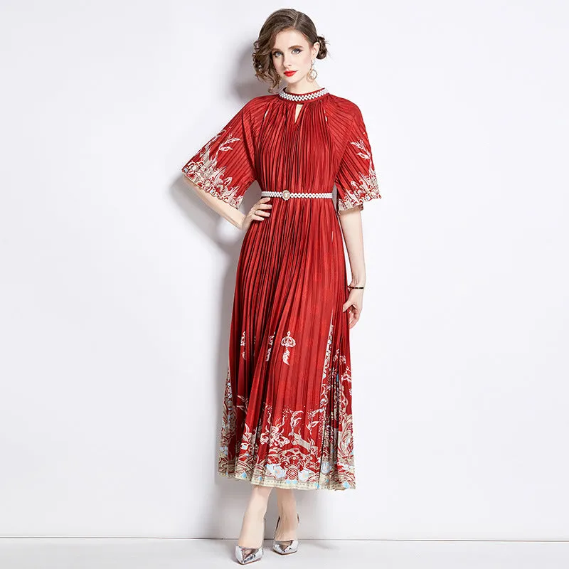 Popularan large-size women's clothing high-end printing heavy industry beaded pleated long dress pleated skirt temperament dress women