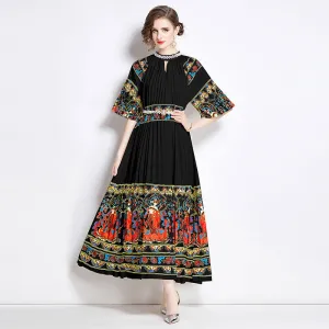 Popularan large-size women's clothing high-end printing heavy industry beaded pleated long dress pleated skirt temperament dress women