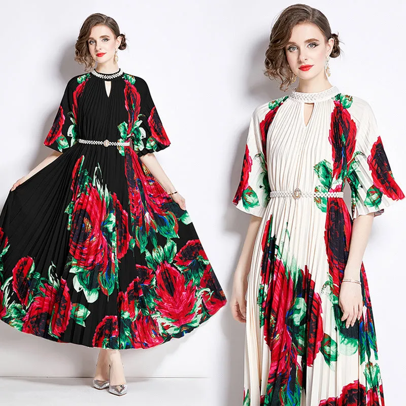 Popularan large-size women's clothing high-end printing heavy industry beaded pleated long dress pleated skirt temperament dress women