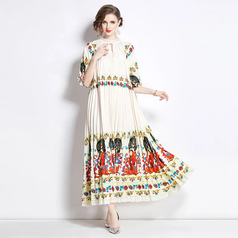 Popularan large-size women's clothing high-end printing heavy industry beaded pleated long dress pleated skirt temperament dress women