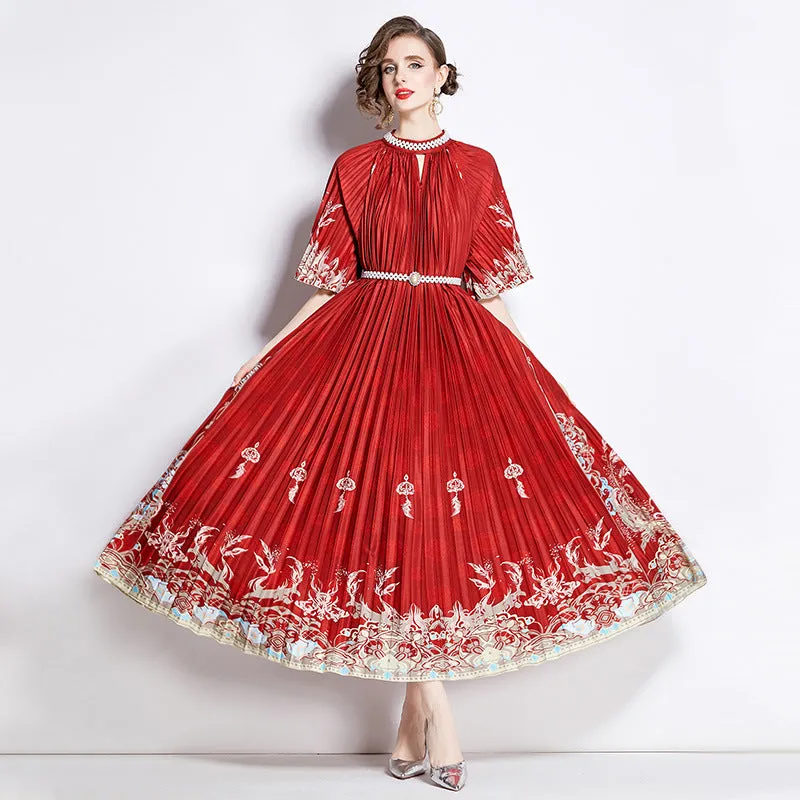 Popularan large-size women's clothing high-end printing heavy industry beaded pleated long dress pleated skirt temperament dress women