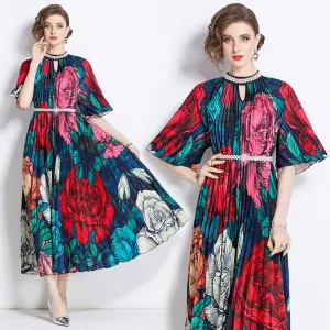 Popularan large-size women's clothing high-end printing heavy industry beaded pleated long dress pleated skirt temperament dress women