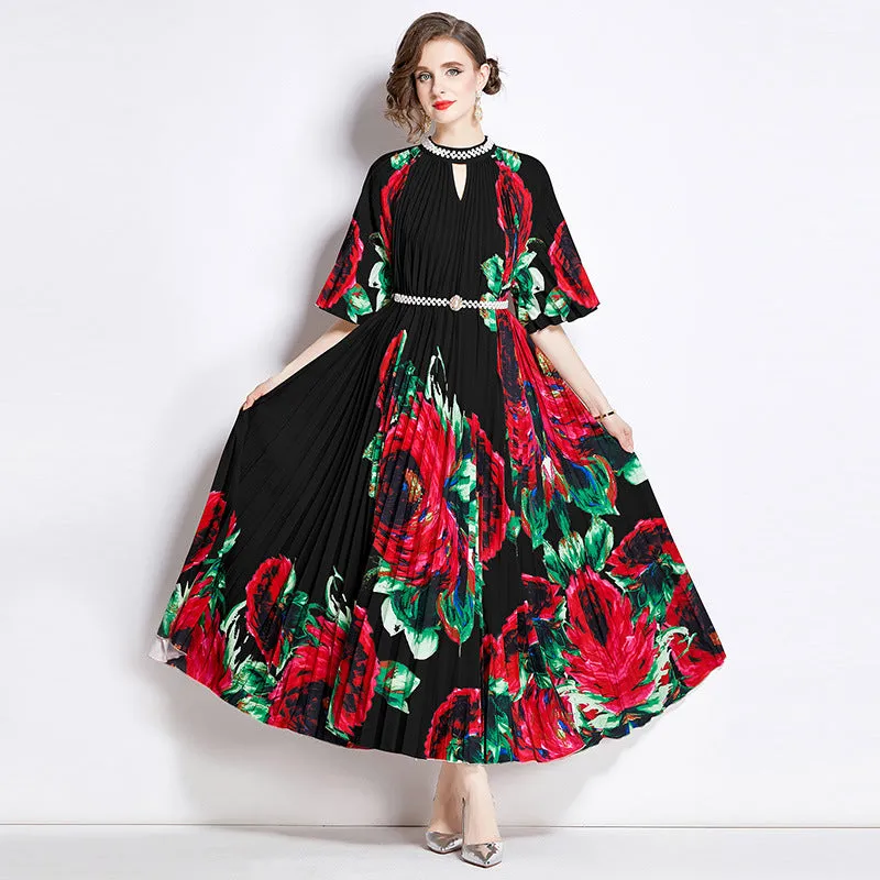Popularan large-size women's clothing high-end printing heavy industry beaded pleated long dress pleated skirt temperament dress women