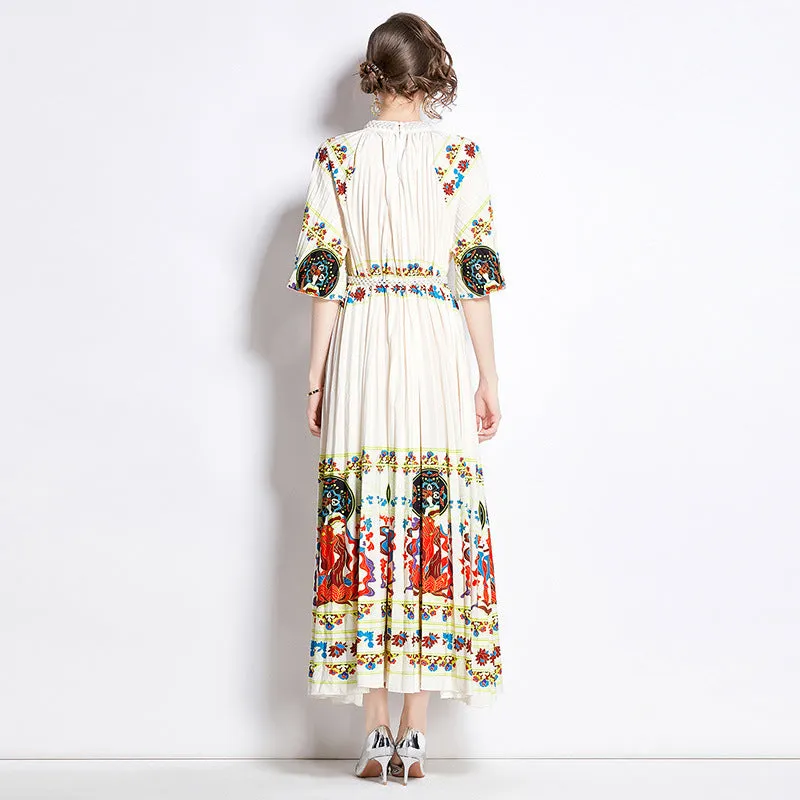 Popularan large-size women's clothing high-end printing heavy industry beaded pleated long dress pleated skirt temperament dress women