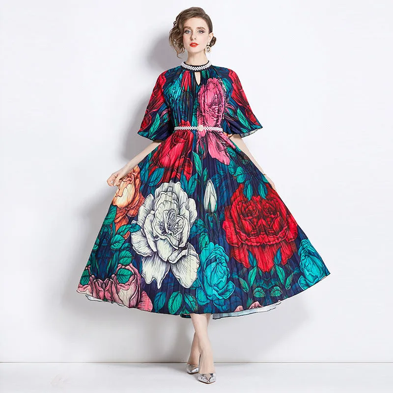 Popularan large-size women's clothing high-end printing heavy industry beaded pleated long dress pleated skirt temperament dress women