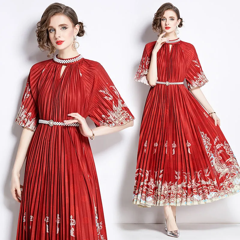 Popularan large-size women's clothing high-end printing heavy industry beaded pleated long dress pleated skirt temperament dress women