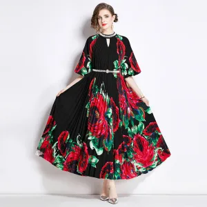 Popularan large-size women's clothing high-end printing heavy industry beaded pleated long dress pleated skirt temperament dress women