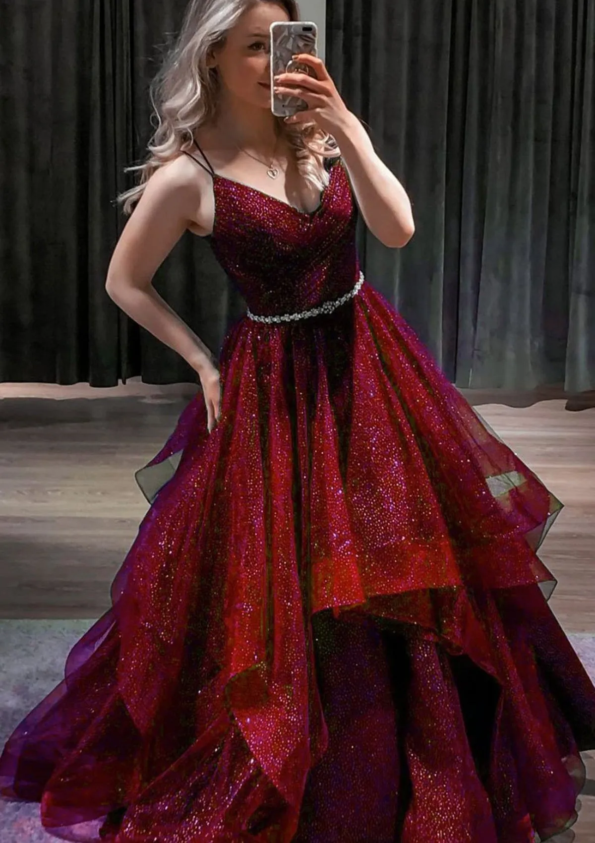 Princess V Neck Spaghetti Straps Floor-Length Horsehair Glitter Prom Dress, Beading