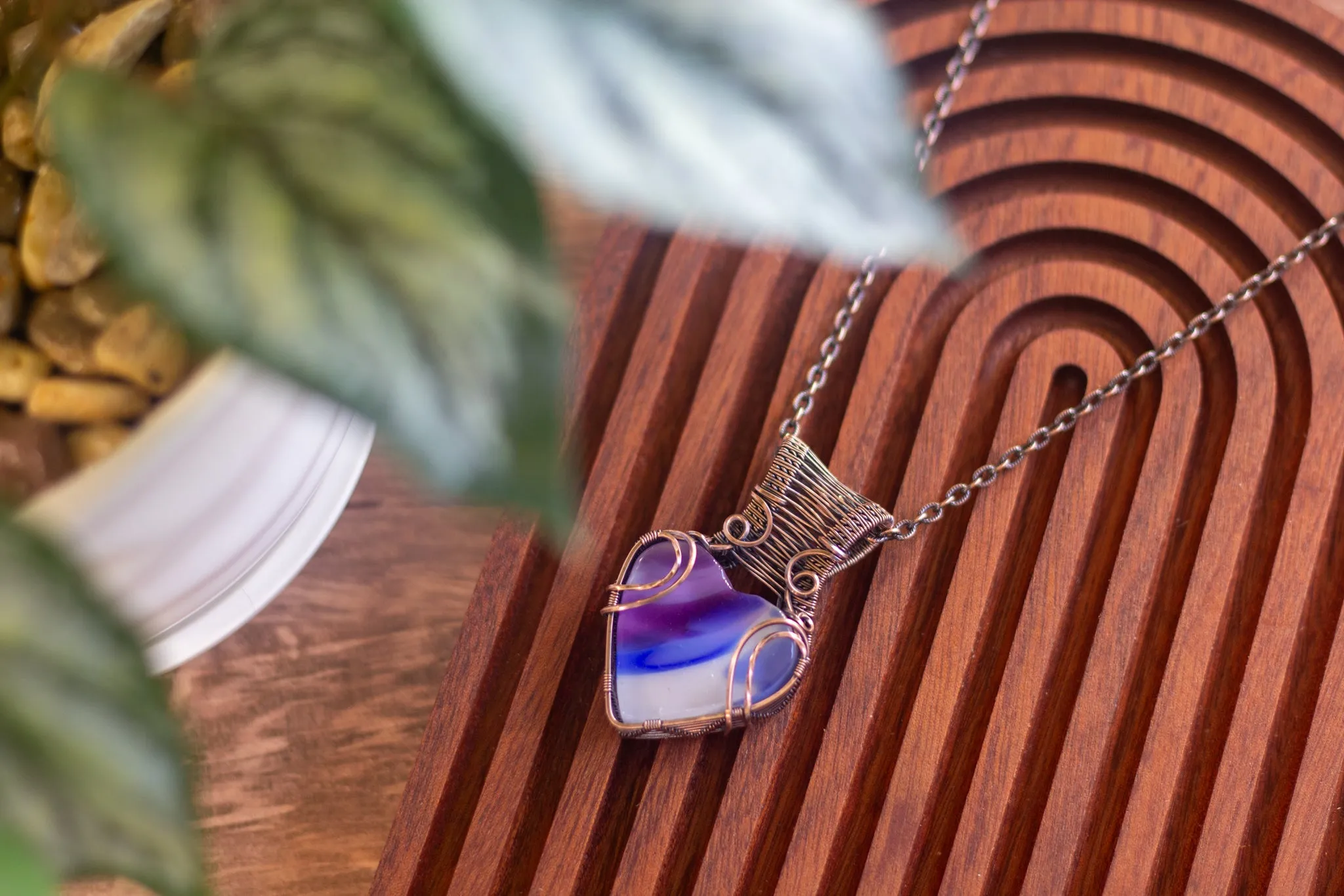 Purple, Blue, and White Fused Glass Heart Pendant with Copper Wire Wrapping