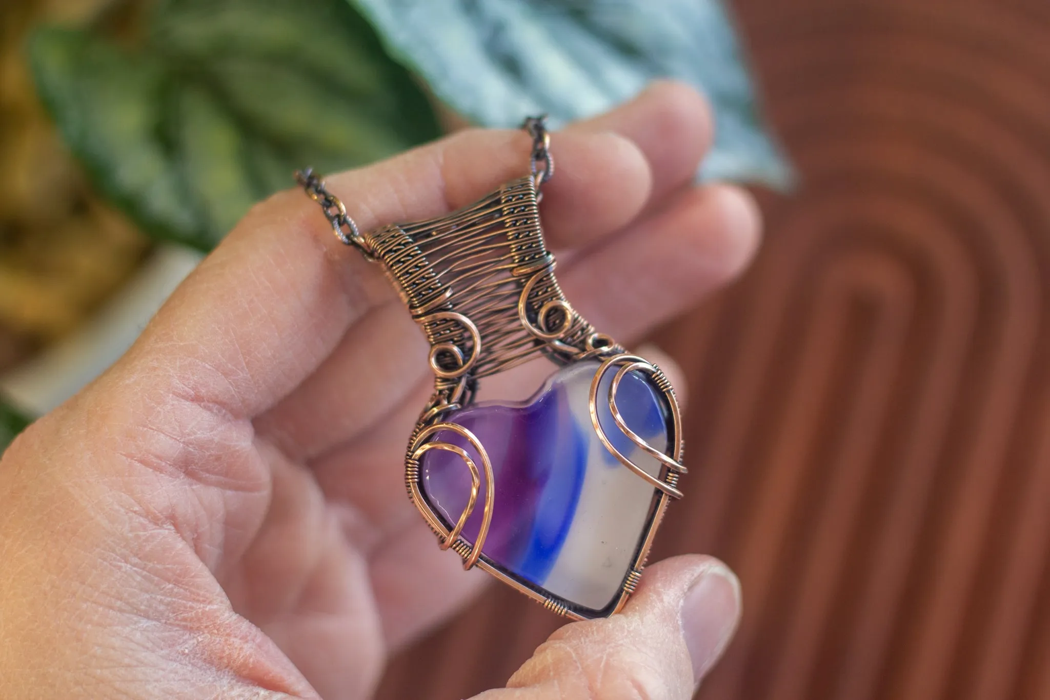 Purple, Blue, and White Fused Glass Heart Pendant with Copper Wire Wrapping