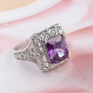 Purple Crystal & Silver-Plated Radiant-Cut Ring