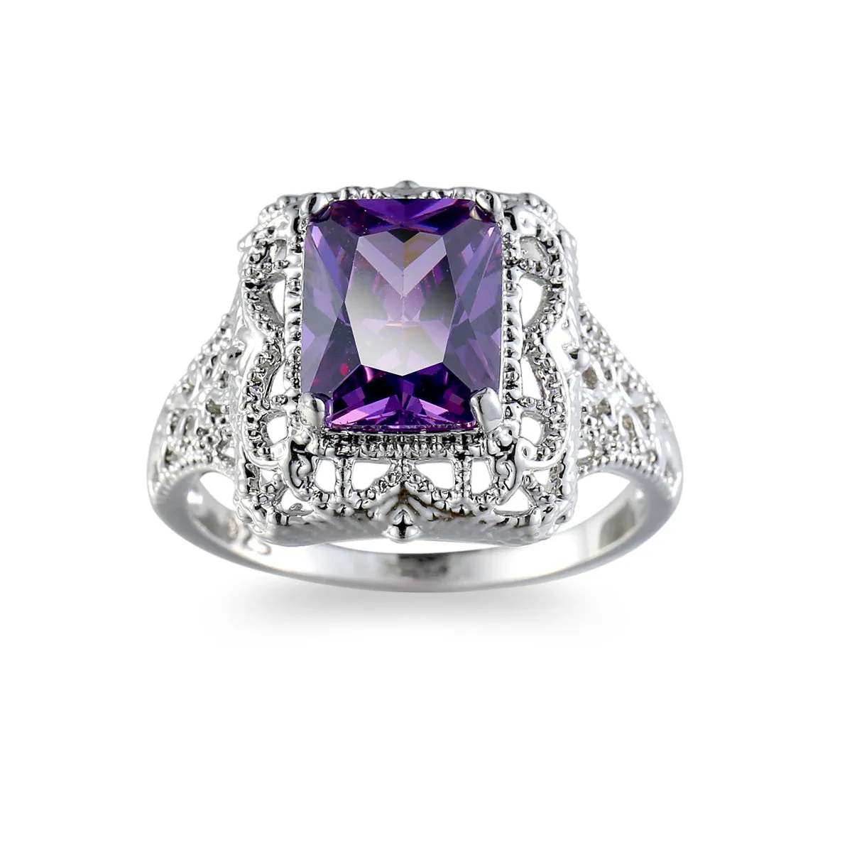 Purple Crystal & Silver-Plated Radiant-Cut Ring