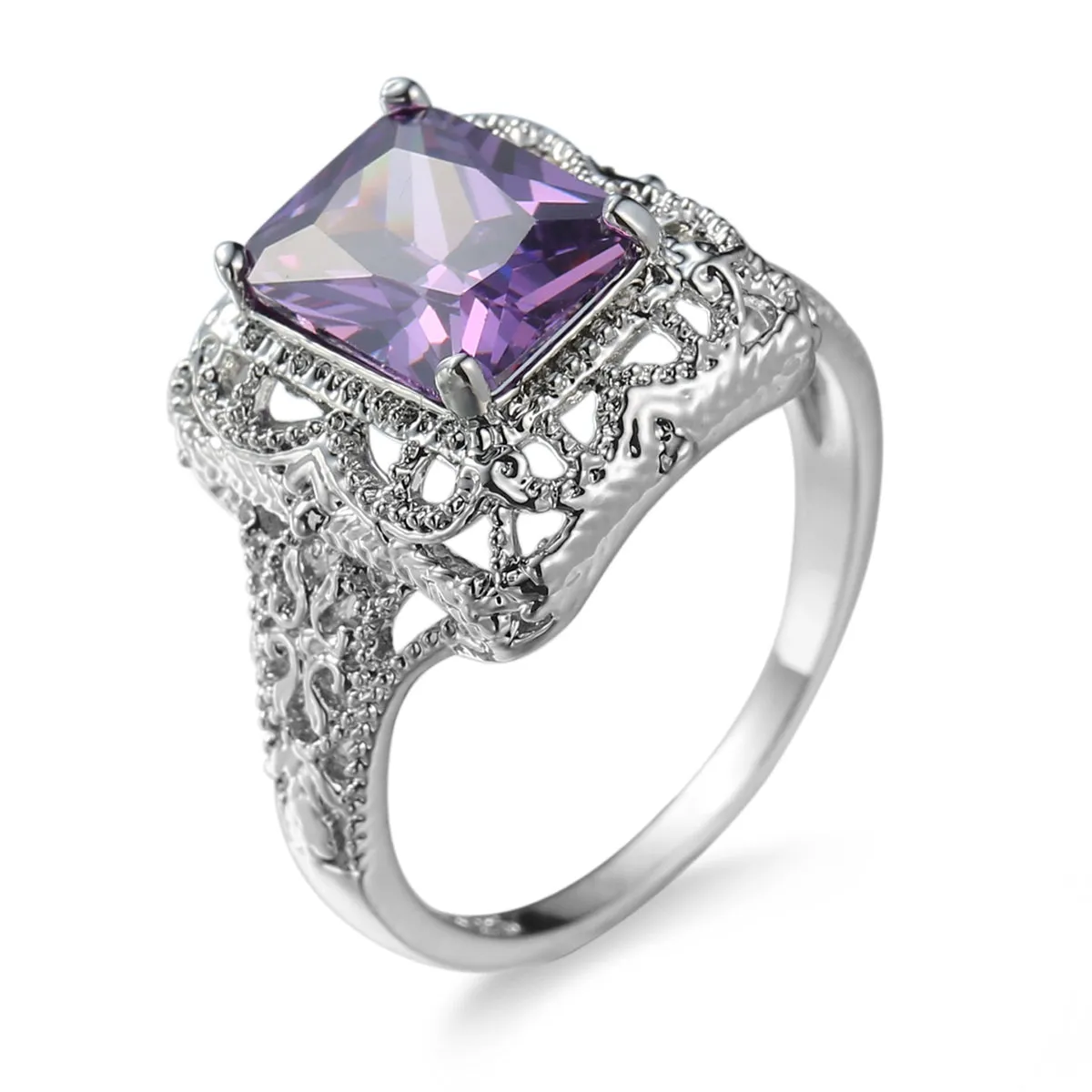 Purple Crystal & Silver-Plated Radiant-Cut Ring