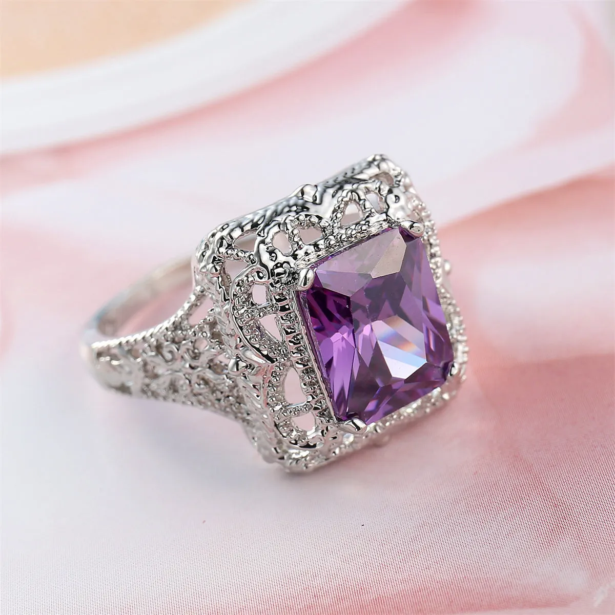 Purple Crystal & Silver-Plated Radiant-Cut Ring