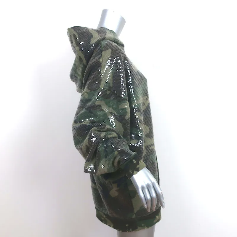 R13 Sequined Camouflage Hoodie Sweatshirt Army Green Cotton-Blend Size Small