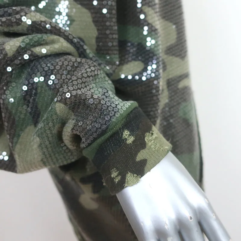 R13 Sequined Camouflage Hoodie Sweatshirt Army Green Cotton-Blend Size Small