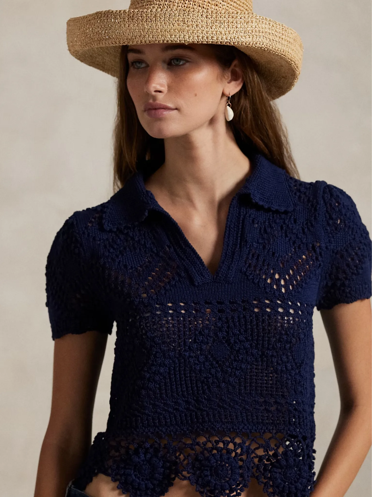 RALPH LAUREN WOMEN Pointelle Cotton Polo Shirt Navy