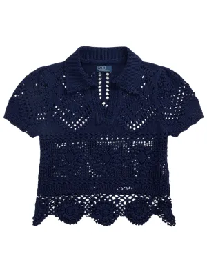 RALPH LAUREN WOMEN Pointelle Cotton Polo Shirt Navy
