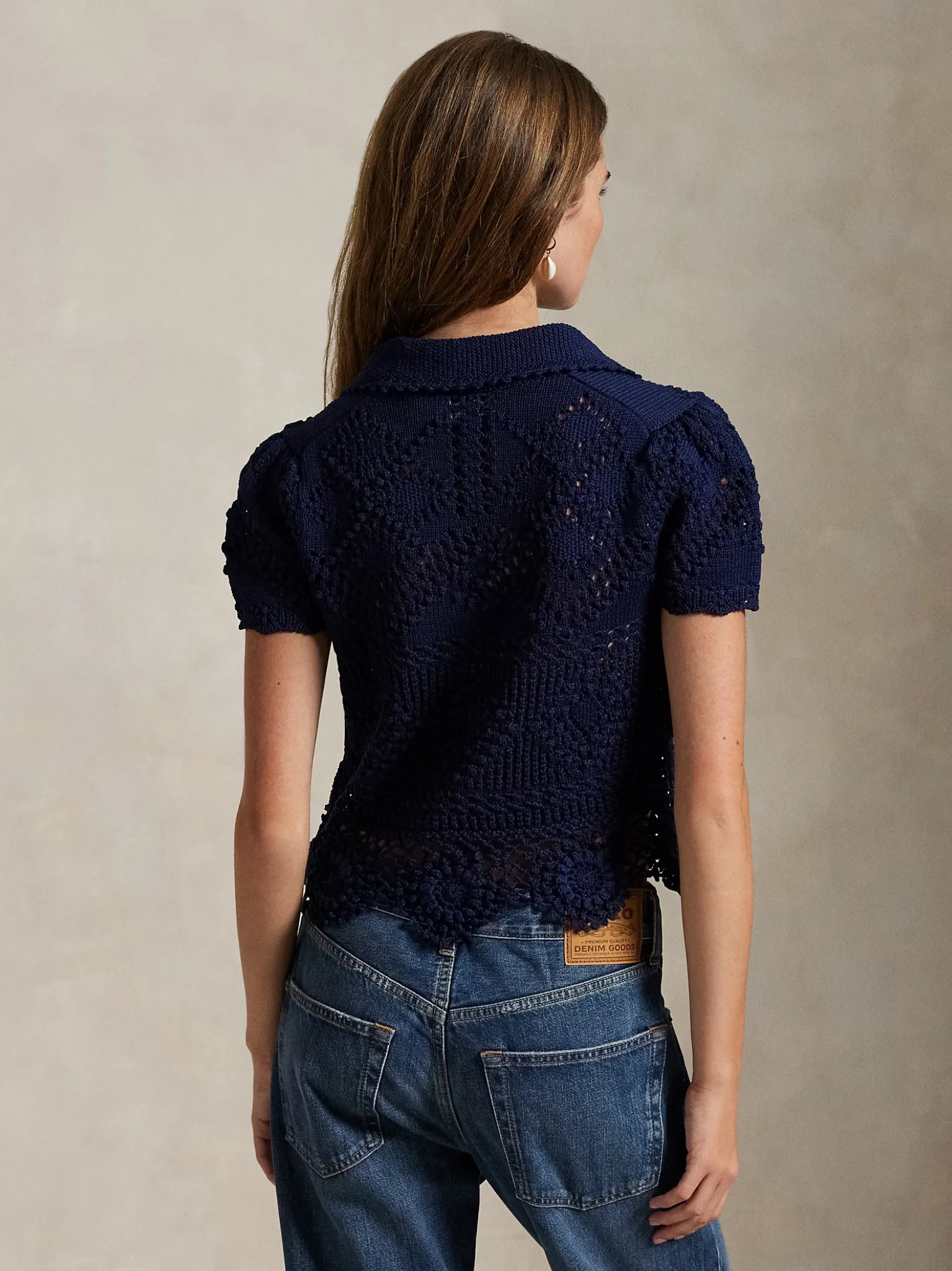 RALPH LAUREN WOMEN Pointelle Cotton Polo Shirt Navy