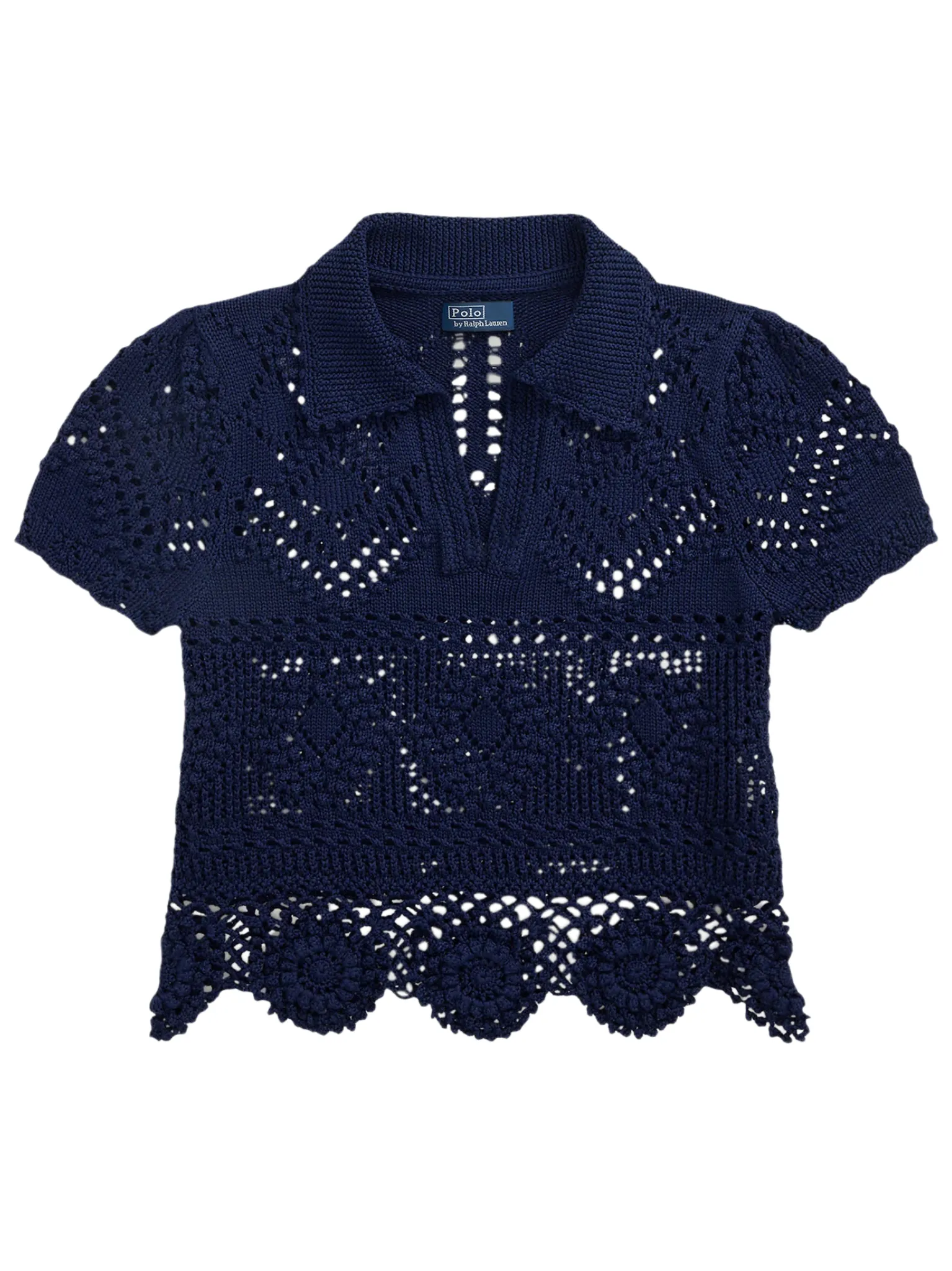 RALPH LAUREN WOMEN Pointelle Cotton Polo Shirt Navy