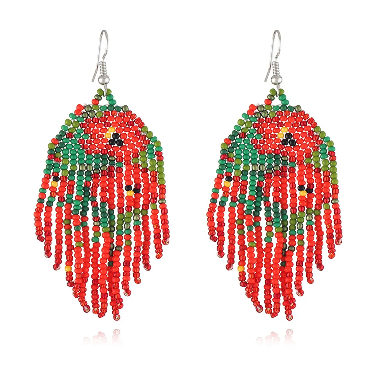 Red & Green Howlite Floral Tassel Drop Earrings