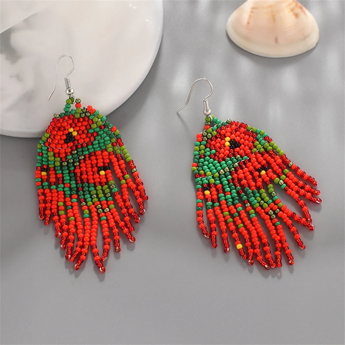 Red & Green Howlite Floral Tassel Drop Earrings