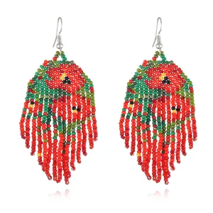 Red & Green Howlite Floral Tassel Drop Earrings